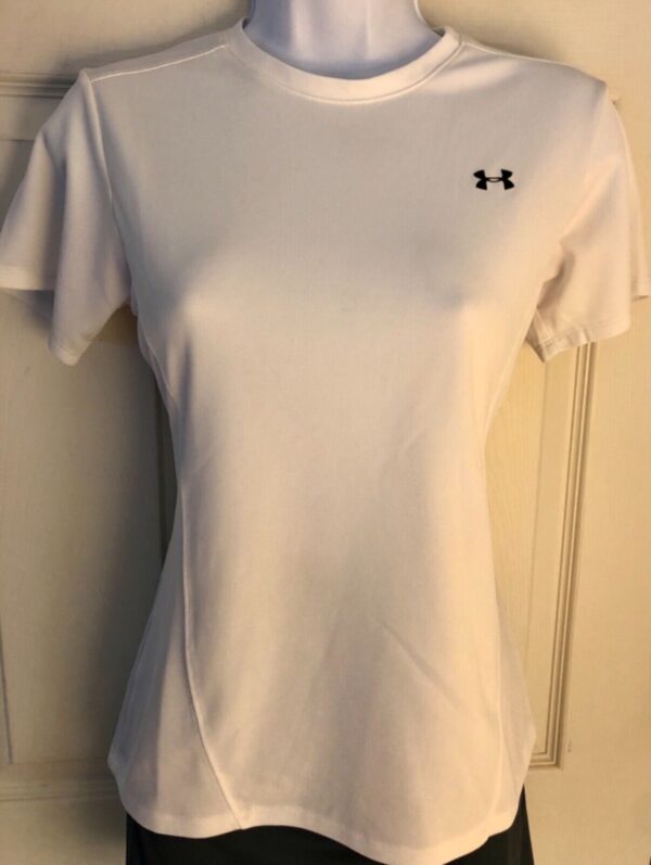 UNDER ARMOUR LADIES SMALL SSLV WHITE TECH POLY TENNIS/ATHLETIC TOP Sz S EUC! Jo