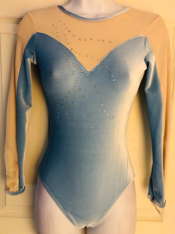 GK LgSLV Lt BLUE VELVET ADULT WHITE MESH CRYSTAL JA GYMNASTS DANCE LEOTARD Sz AS