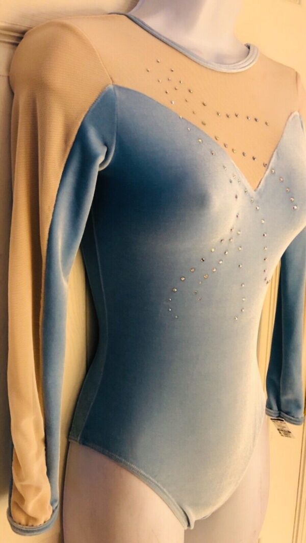 GK LgSLV Lt BLUE VELVET ADULT WHITE MESH CRYSTAL JA GYMNASTS DANCE LEOTARD Sz AS - Image 3