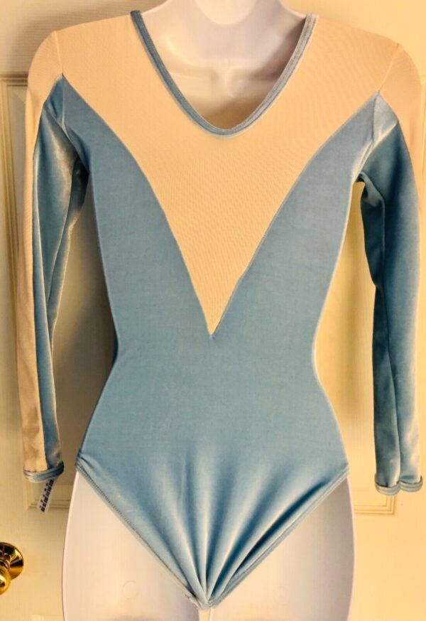 GK LgSLV Lt BLUE VELVET ADULT WHITE MESH CRYSTAL JA GYMNASTS DANCE LEOTARD Sz AS - Image 5