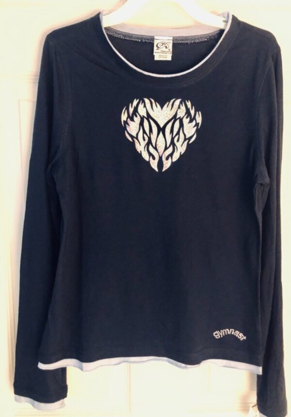 GK ELITE ADULT MEDIUM LgS FAUX 2-LAYER NAVY COTON HOLOGRAM HEART T-SHIRT Sz M - Image 7