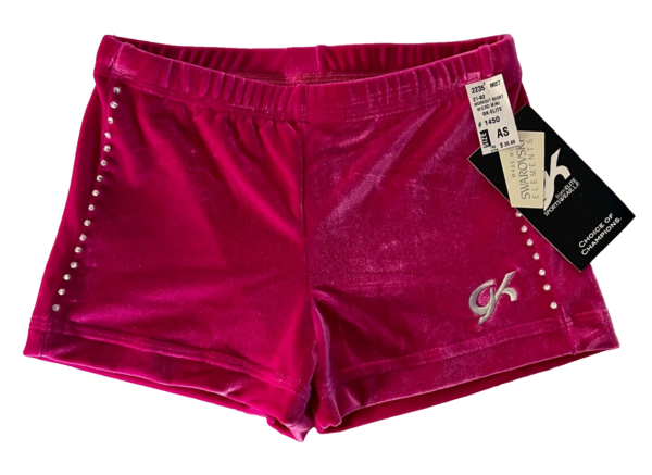 GK PINK VELVET SWAR CRYSTALS ADULT SMALL MICRO MINI GYMNAST CHEER DANCE SHORTS S