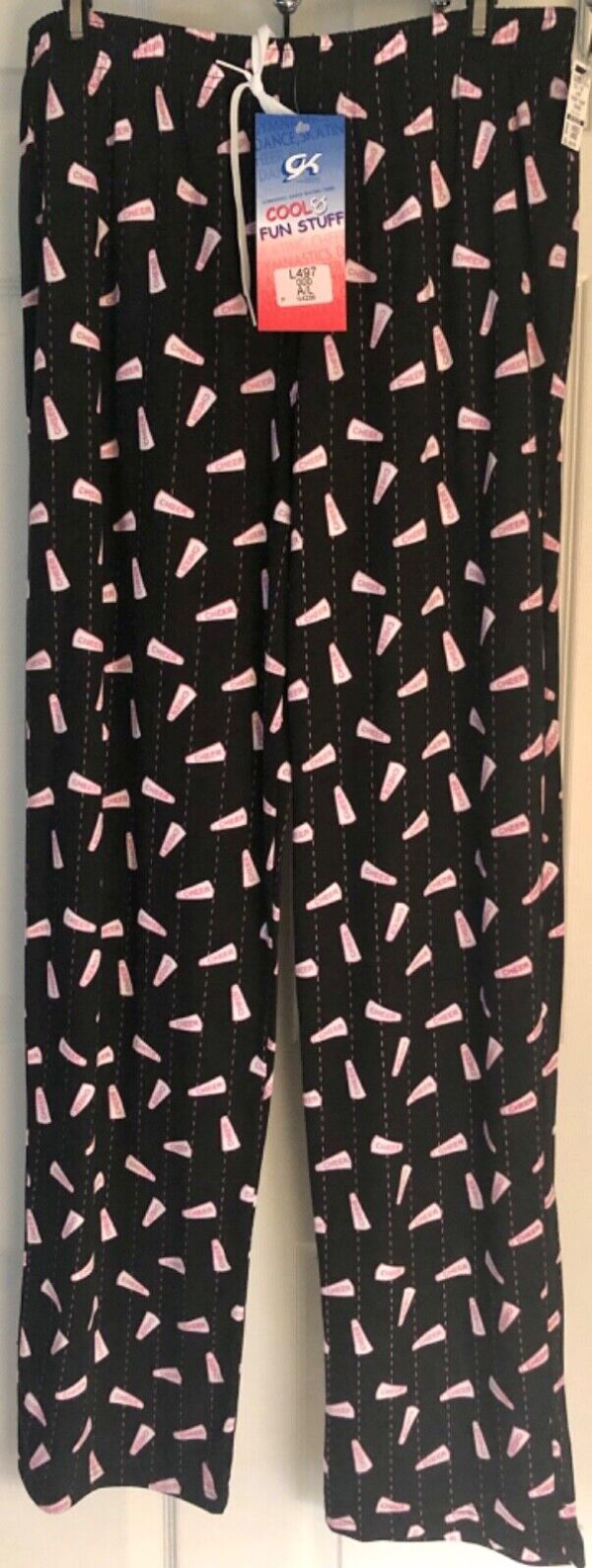 GK CHEER PJ PANTS SIZE LADIES LARGE BLACK COTTON DRAWSTRING PINK PRINT AL NWT! - Image 2