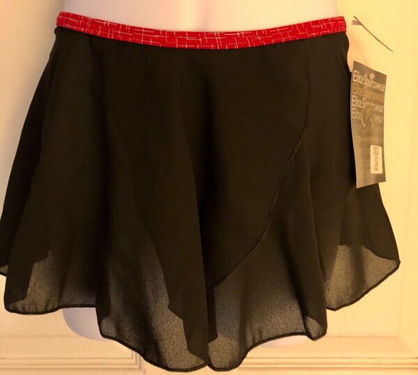 GK FAUX WRAP SKIRT CHILD MEDIUM BLACK GEORGETTE RED FOIL WAIST DANCE BALLET CM