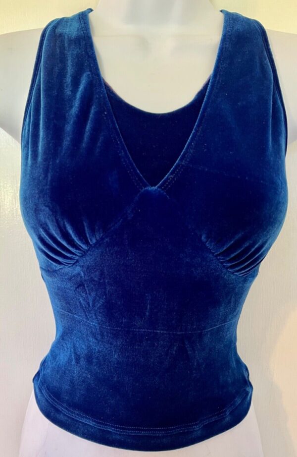 GK DANCE JAZZ CHEER ADULT SMALL BLUE VELVET HALTER  X-STRAP CROP TOP Sz AS NWT!