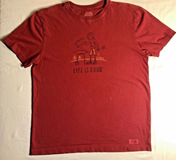 LIFE IS GOOD MENS MEDIUM SHORT SLEEVE RUST TEE Â‘GRILLINGÂ’ 100% COTTON Size M EUC