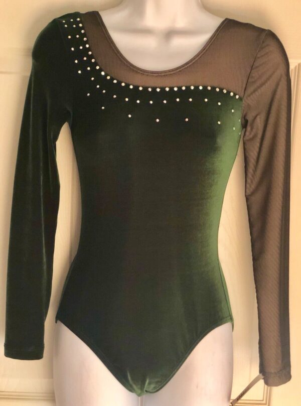 GK Elite Green Velvet Black Mesh JA Gymnastic Leotard AS