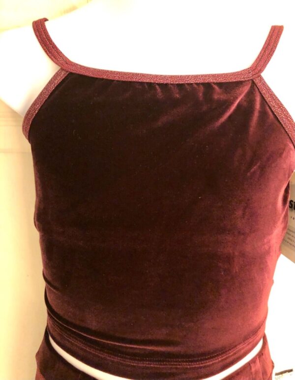 GK DANCE JAZZ TOP GIRLS MEDIUM WINE VELVET FOIL CRISSCROSS STRAPS CAMISOLE Sz CM