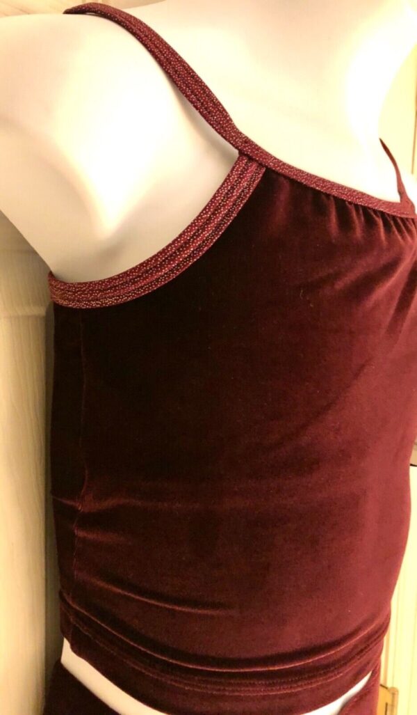 GK DANCE JAZZ TOP GIRLS MEDIUM WINE VELVET FOIL CRISSCROSS STRAPS CAMISOLE Sz CM - Image 2