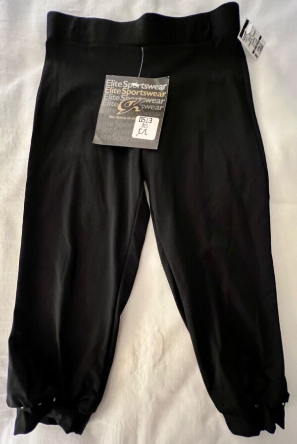 GK ELITE DANCE JAZZ GIRLS LARGE BLACK NYLON/SPANDEX JEWEL CUFFED CAPRI PANTS L