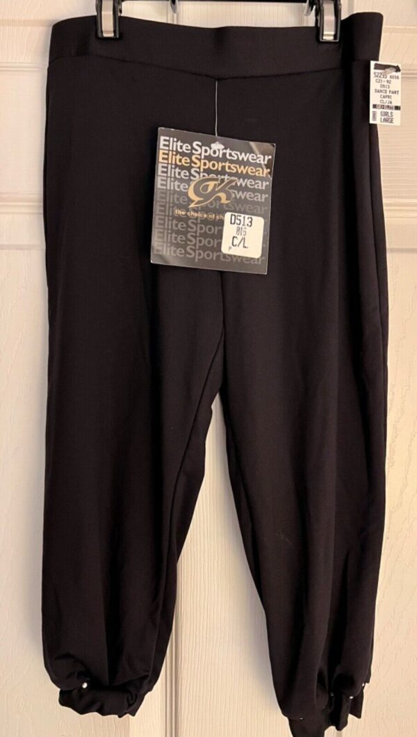 GK ELITE DANCE JAZZ GIRLS LARGE BLACK NYLON/SPANDEX JEWEL CUFFED CAPRI PANTS L - Image 8