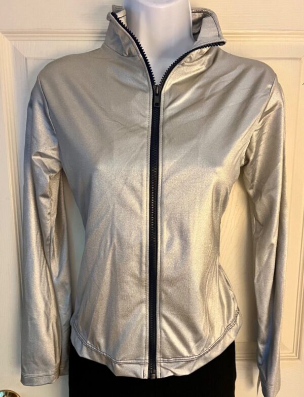 GK WARM UP JACKET ADULT SMALL SILVER METALLIC ZIP FRONT GYMNASTICS DANCE CHEER S