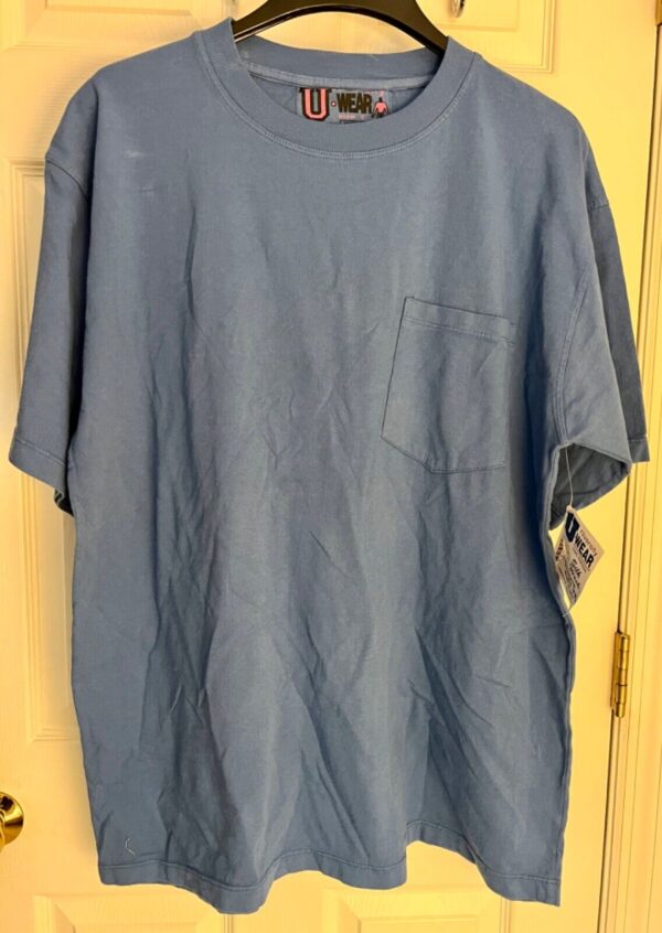 VTG UNIVERSITY WEAR MENS LARGE FADED BLUE HVY WT COTTON POCKET TEE NO SHRINK L