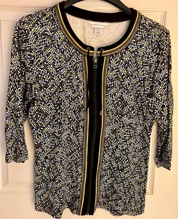 Christopher Banks Ladies Black Green Cream Print 3/4 Slv Front Zip Cotton Top M - Image 5