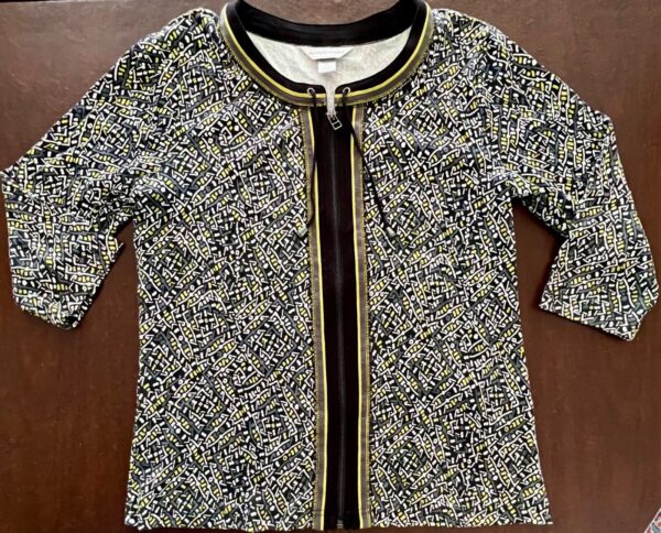 Christopher Banks Ladies Black Green Cream Print 3/4 Slv Front Zip Cotton Top M - Image 9