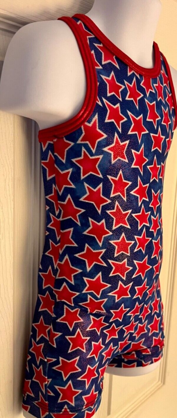 GK CARLY PATTERSON CHILD TODDLER NAVY RED FOIL STARS GYMNASTICS DANCE BIKETARD - Image 3