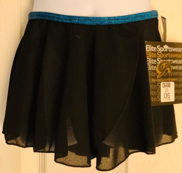 GK FAUX WRAP SKIRT CHILD X-SMALL BLACK GEORGETTE FOIL WAIST DANCE BALLET CXS NWT