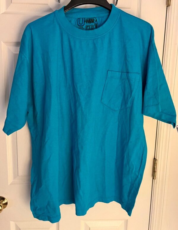 VTG UNIVERSITY WEAR MENS X-LARGE TURQUOISE HVY WT COTTON POCKET TEE NO SHRINK XL