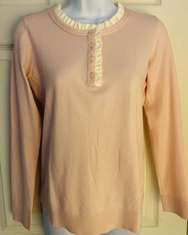 LOFT LADIES X-SMALL LIGHT PINK LgS BUTTON RUFFLED TRIM PULLON SWEATER Sz M EUC!