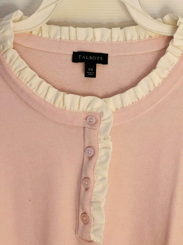 LOFT LADIES X-SMALL LIGHT PINK LgS BUTTON RUFFLED TRIM PULLON SWEATER Sz M EUC! - Image 7