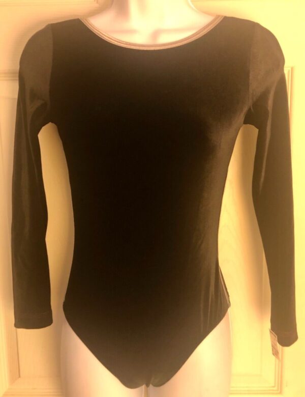 GK LgSLV LADIES SMALL BLACK VELVET SILVER TRIM GYMNASTS DANCE LEOTARD Sz AS NWT!