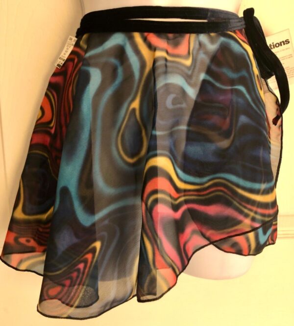 GK DANCE BALLET WRAP SKIRT GIRLS LARGE WAVE PATTERN BLACK VELVET TIE SZ L