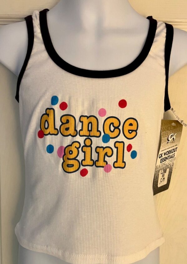 GK FUN TANK PJ TOP GIRLS MEDIUM â€˜DANCE GIRLâ€™ WHITE COTTON RIBBED BLACK TRIM SZ M