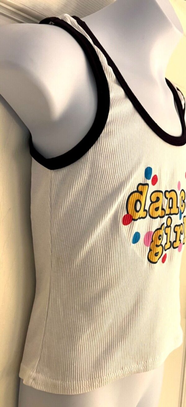 GK FUN TANK PJ TOP GIRLS MEDIUM â€˜DANCE GIRLâ€™ WHITE COTTON RIBBED BLACK TRIM SZ M - Image 3