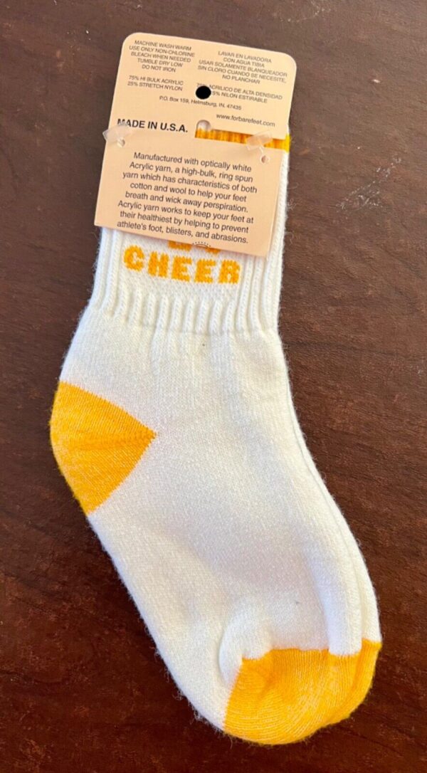 CHEER! UNISEX KIDS 7-9 WARM COMFY SOCKS WHITE W/ GOLD 'CHEER' MEGAPHONE GRAPHICS - Image 2