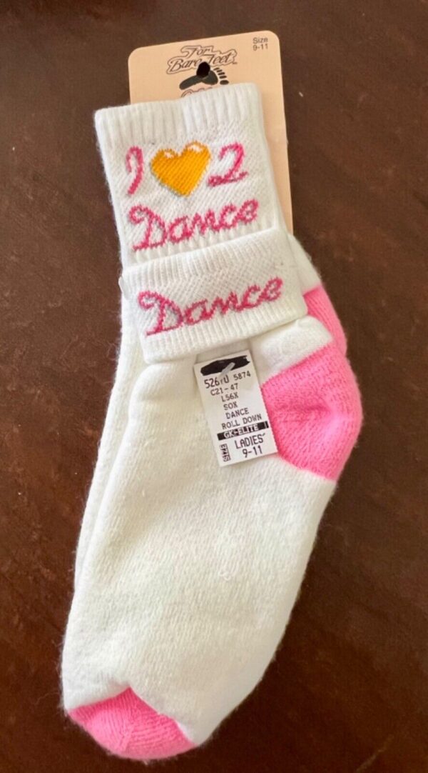 GKBAREFEET ORIGINAKS  "I ðŸ’› 2 DANCE" LADIES 9-11 WHITE PINK ROLL DOWN SZ 9-11