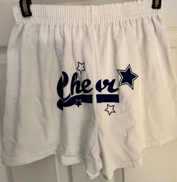 GK CHEER COTTON SHORTS SIZE ADULT MEDIUM WHITE NAVY â€œCHEERâ€ PRINT SHORTS Sz AM