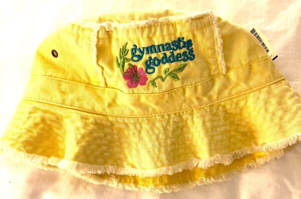 â€œGYMNASTIC GODDESSâ€ EMBROIDERY FUN FRING WASHED COTTON YELLOW BUCKET HAT Sz XL - Image 7