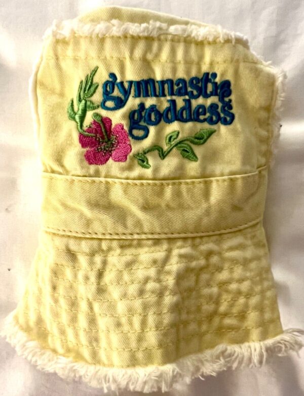 â€œGYMNASTIC GODDESSâ€ EMBROIDERY FUN FRING WASHED COTTON YELLOW BUCKET HAT Sz XL - Image 8