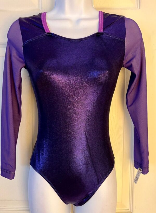 GK PURPLE MYSTIQUE ADULT SMALL LgSLV PURPLE MESH GYMNAST DANCE LEOTARD AS