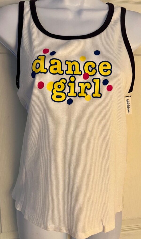 GK TANK PJ TOP ADULT LARGE â€˜DANCE GIRLâ€™ WHITE COTTON RIBBED BLACK TRIM Sz AL