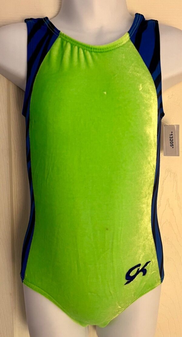 GK GREEN CHILD X-SMALL GREEN VELVET BLUE BLACK GYMNASTICS DANCE TANK LEOTARD XS - Image 2