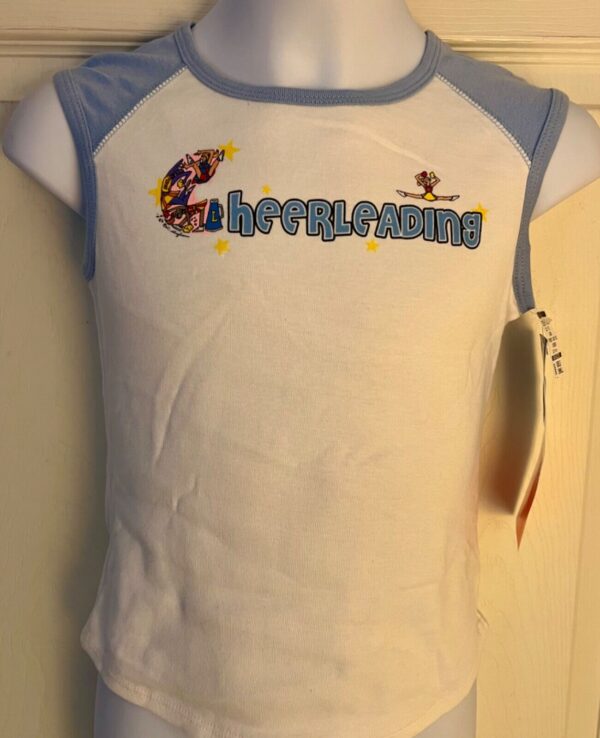 GK 'CHEERLEADING' GRAPIC GIRLS SMALL RAGLAN CAP SLV WHITE BLUE COTTON TOP SZ S