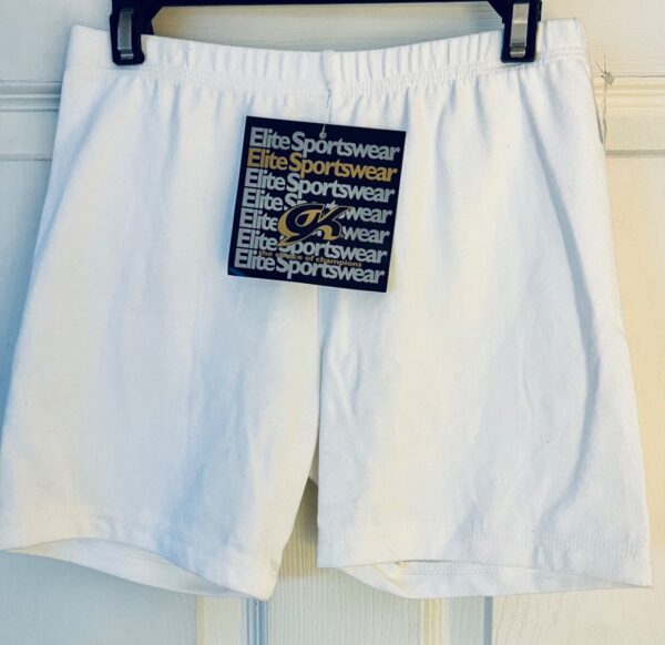 GK WHITE WORKOUT SHORTS LADIES SMALL DANCE CHEER GYMNASTICS COTTON/SPANDEX Sz AS