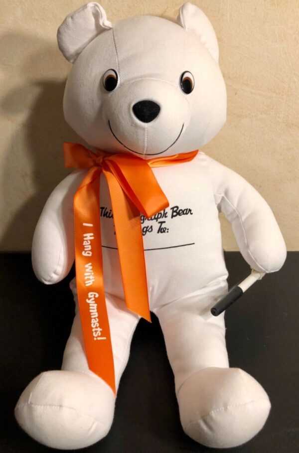 AUTOGRAPH PLUSH BEAR ORANGE RIBBON â€œI HANG WITH GYMNASTS!â€ WITH PEN 16â€ LONG