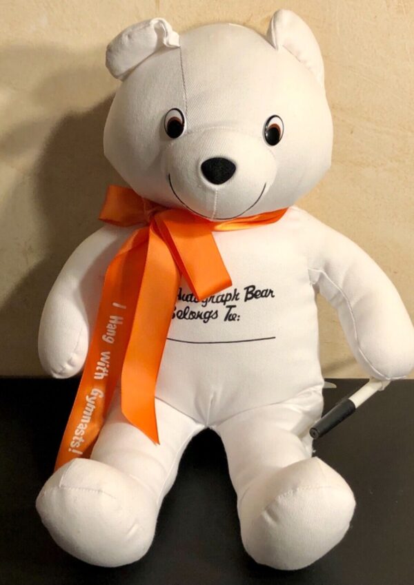 AUTOGRAPH PLUSH BEAR ORANGE RIBBON â€œI HANG WITH GYMNASTS!â€ WITH PEN 16â€ LONG - Image 2