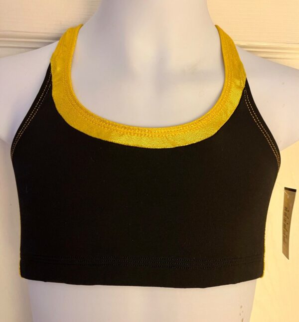 GK CHEER CHILD LARGE BLACK MICROFIBER GOLD MYSTIQUE MESH CROP DANCE TOP SZ L