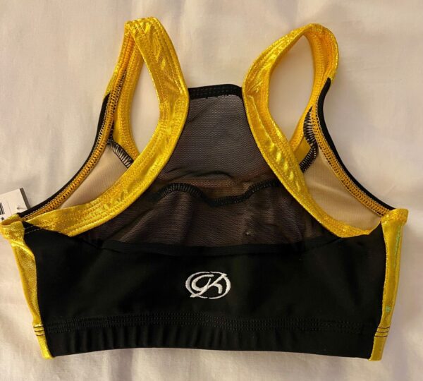 GK CHEER CHILD LARGE BLACK MICROFIBER GOLD MYSTIQUE MESH CROP DANCE TOP SZ L - Image 9