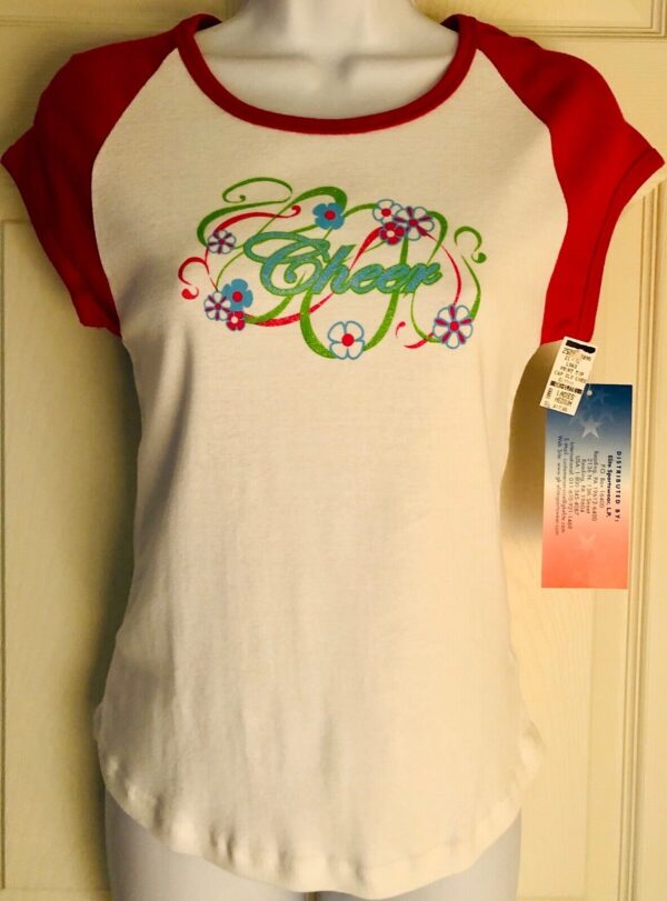 GK CHEER GLITZY GRAPHIC TEE SIZE LADIES MEDIUM  WHITE RAGLAN CAP SLEEVE AM NWT!