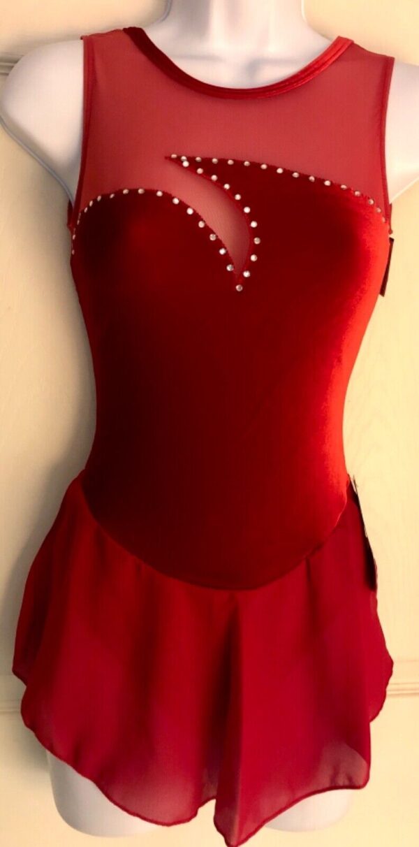 GK RED VELVET ICE FIGURE SKATE ADULT SMALL SLVLS ASYM MESH YOKE JA DRESS Sz AS