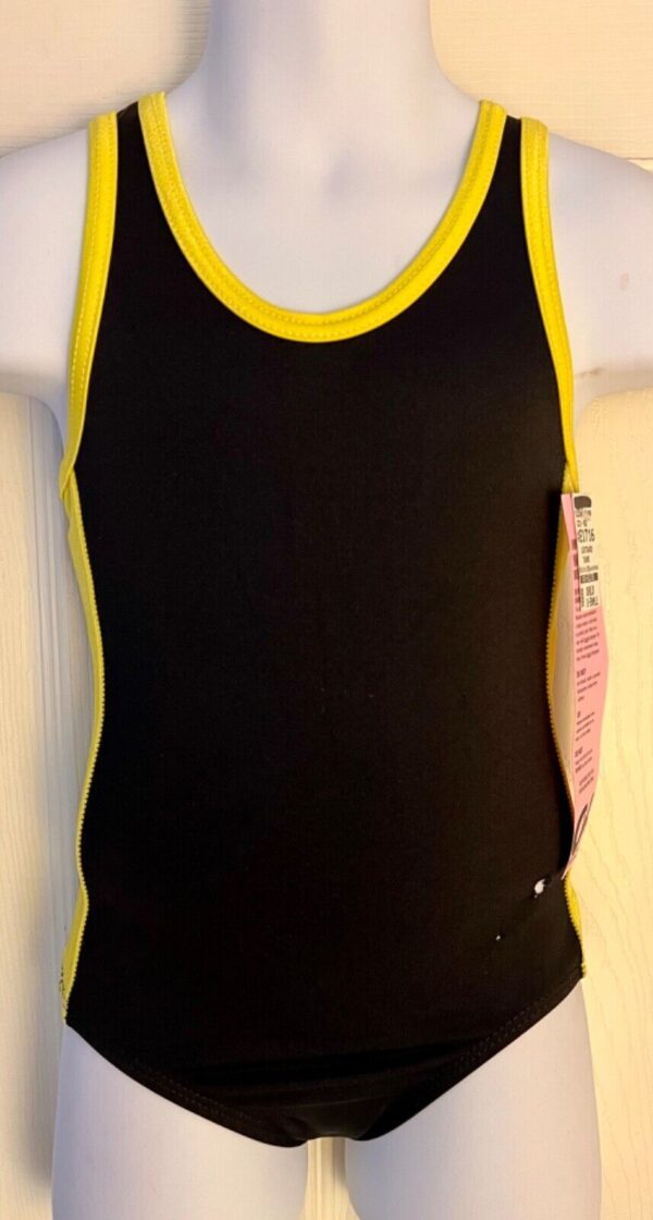 GK SPORTY CHILD X-SMALL BLACK RACERBACK YELLOW SIDES GYMNASTS TANK LEOTARD SZ XS