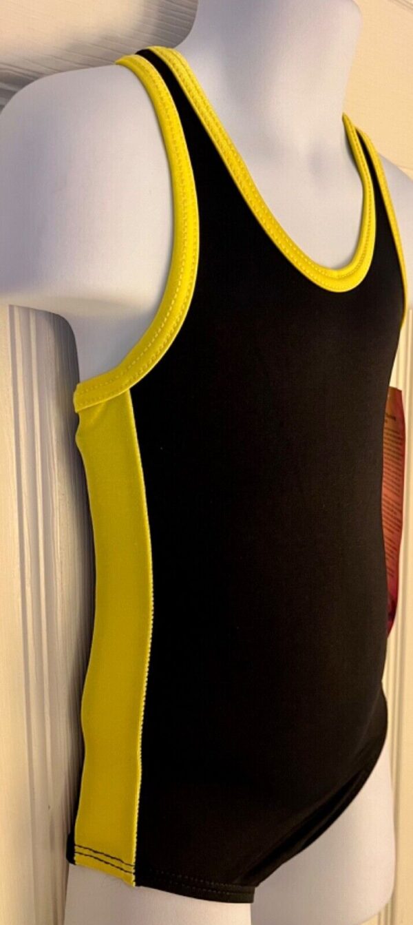 GK SPORTY CHILD X-SMALL BLACK RACERBACK YELLOW SIDES GYMNASTS TANK LEOTARD SZ XS - Image 2