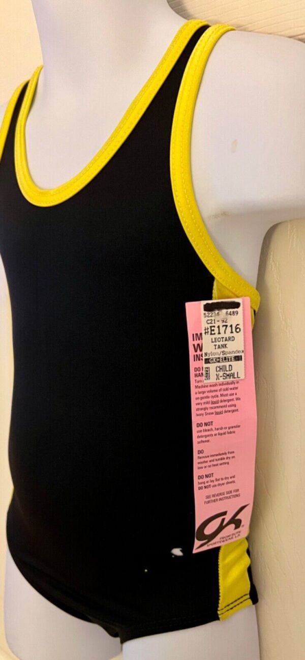 GK SPORTY CHILD X-SMALL BLACK RACERBACK YELLOW SIDES GYMNASTS TANK LEOTARD SZ XS - Image 3