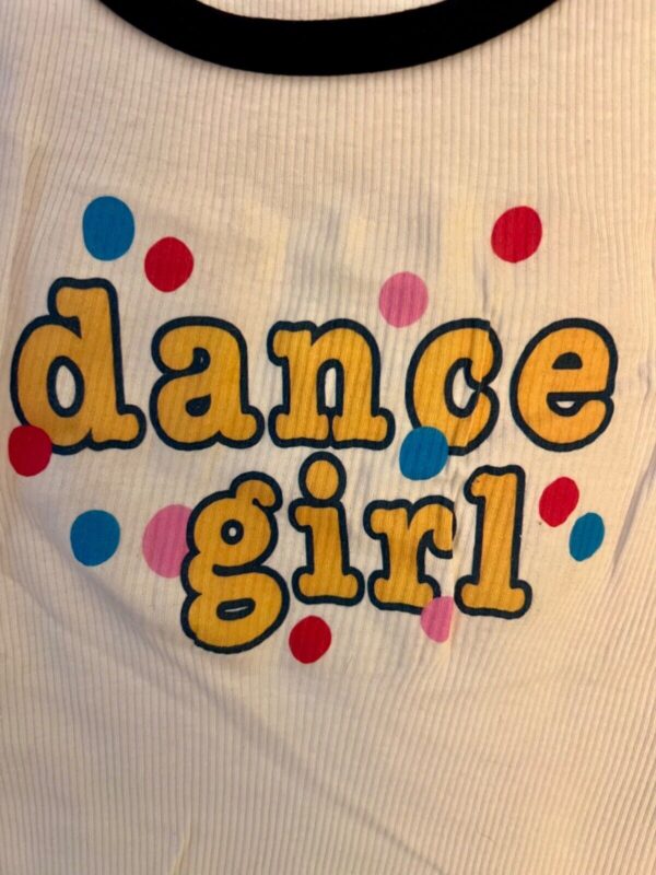 GK FUN TANK PJ TOP GIRLS SMALL â€˜DANCE GIRLâ€™ WHITE COTTON RIBBED BLACK TRIM SZ S - Image 2