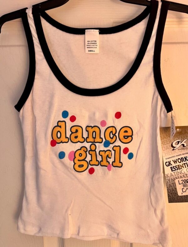 GK FUN TANK PJ TOP GIRLS SMALL â€˜DANCE GIRLâ€™ WHITE COTTON RIBBED BLACK TRIM SZ S - Image 5