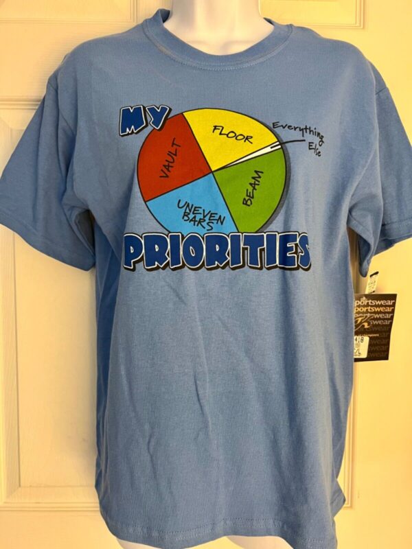 GK GYMNASTICS PRINT T-SHIRT GIRLS LARGE BLUE HVYWT COTTON "MY PRIORITIES" DIAL L